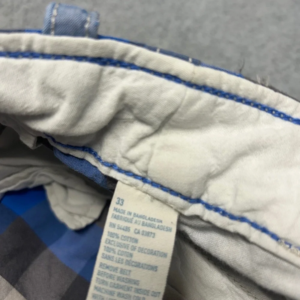 American Eagle Plaid Shorts Blue Grey Mens 33 Longer Length Flat Front Casual